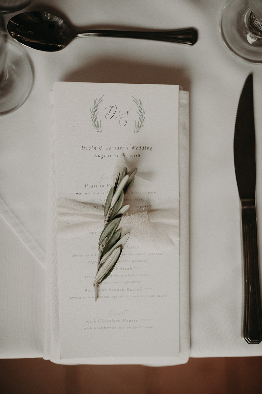 olive branch napkin detail, Brockhouse wedding