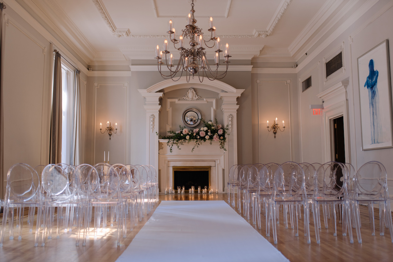 Vancouver Club wedding, ghost chair ceremony, iconic vancouver wedding, white aisle runner